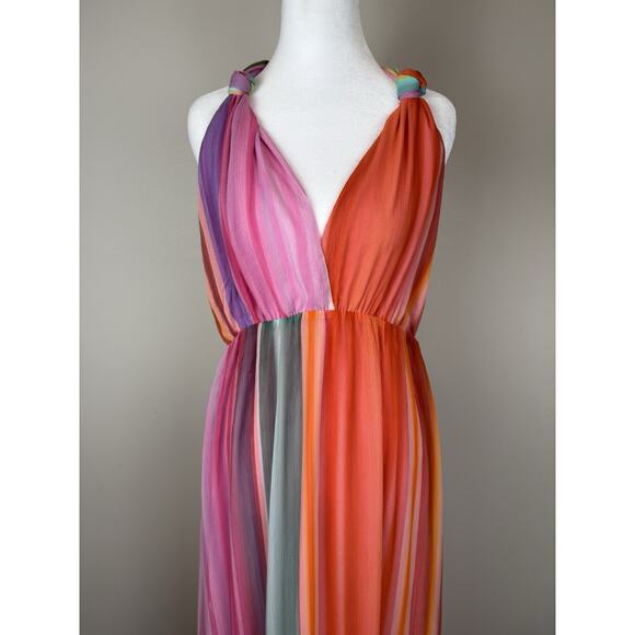 MNG by Mango Rainbow Striped Halter Maxi Dress Tie V-neck Sz 6 - Picture 4 of 11